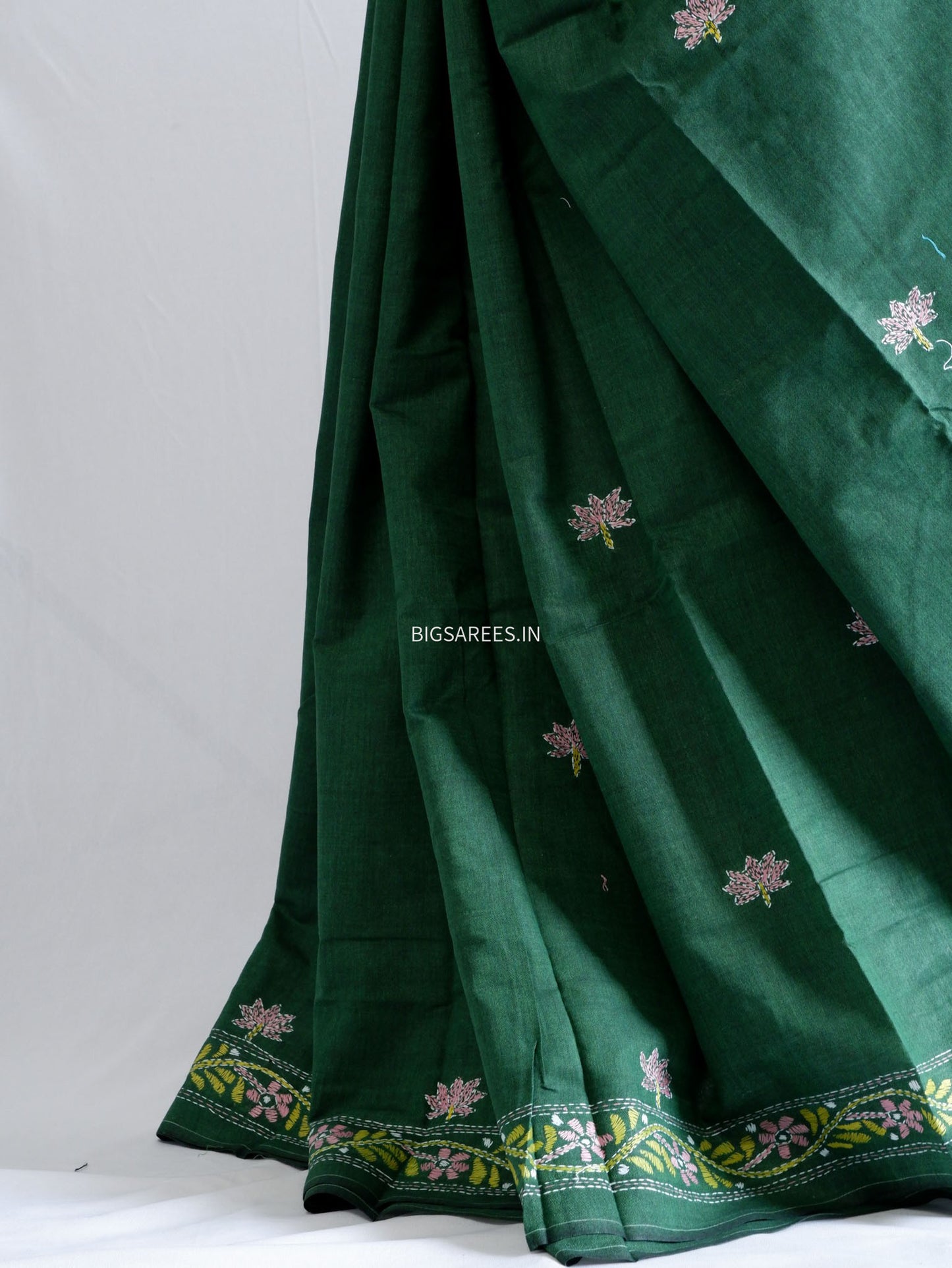 Kantha Hand-Embroidered Saree | Pure Khadi Cotton | Green