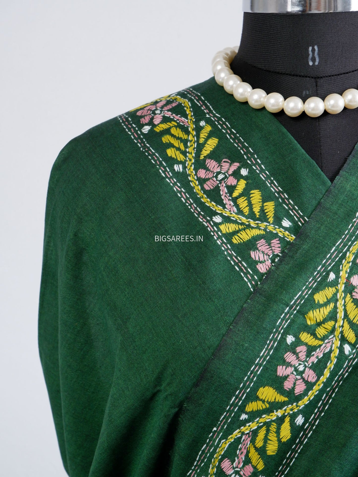 Kantha Hand-Embroidered Saree | Pure Khadi Cotton | Green