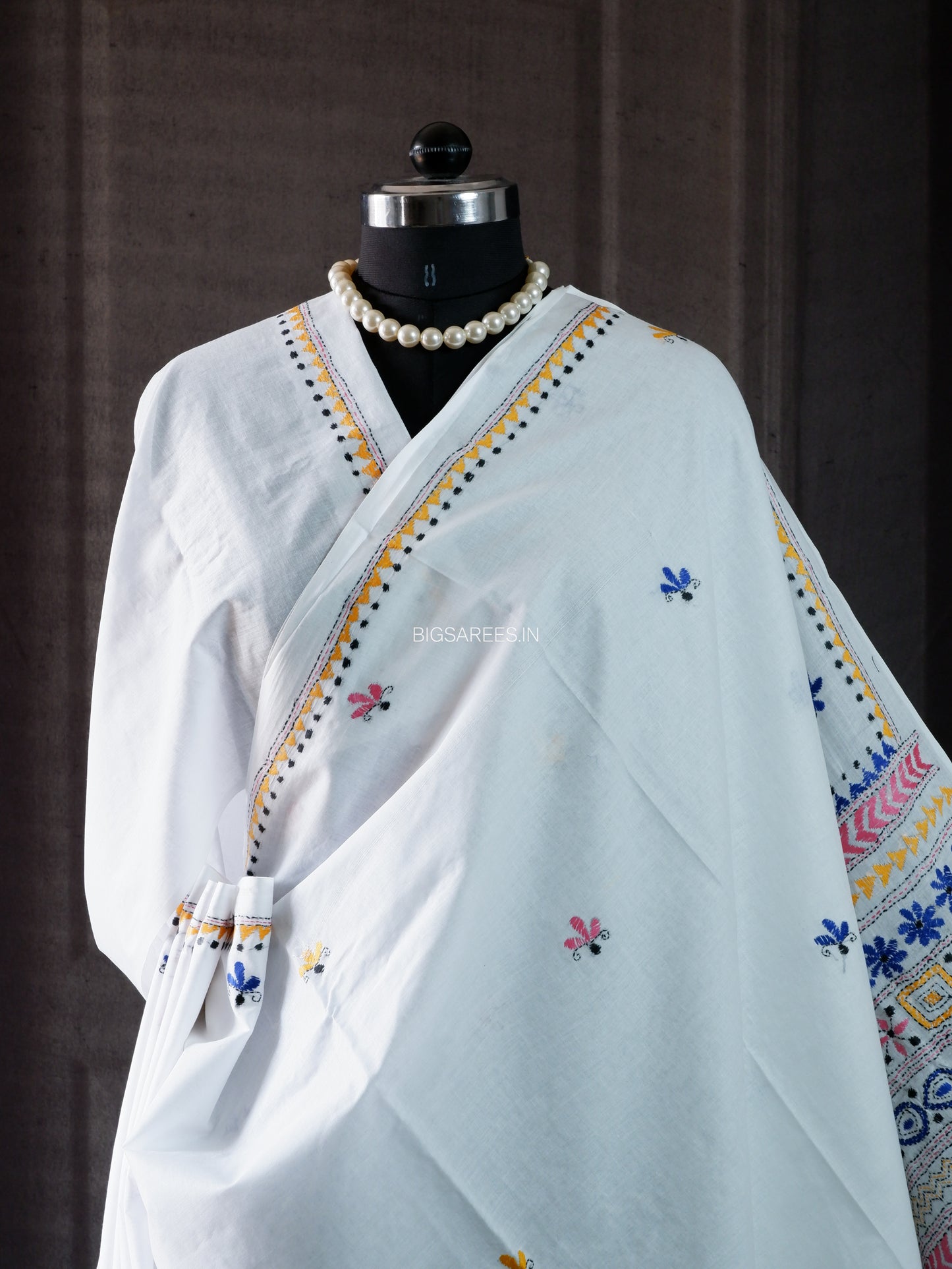 Kantha Stitch Hand Embroidered Saree | Mal Mal Cotton |  White