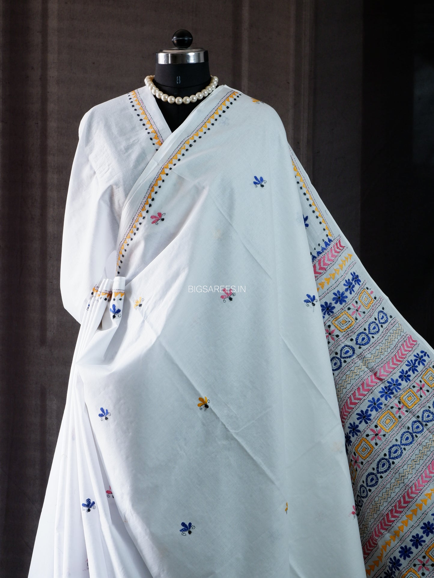 Kantha Stitch Hand Embroidered Saree | Mal Mal Cotton |  White