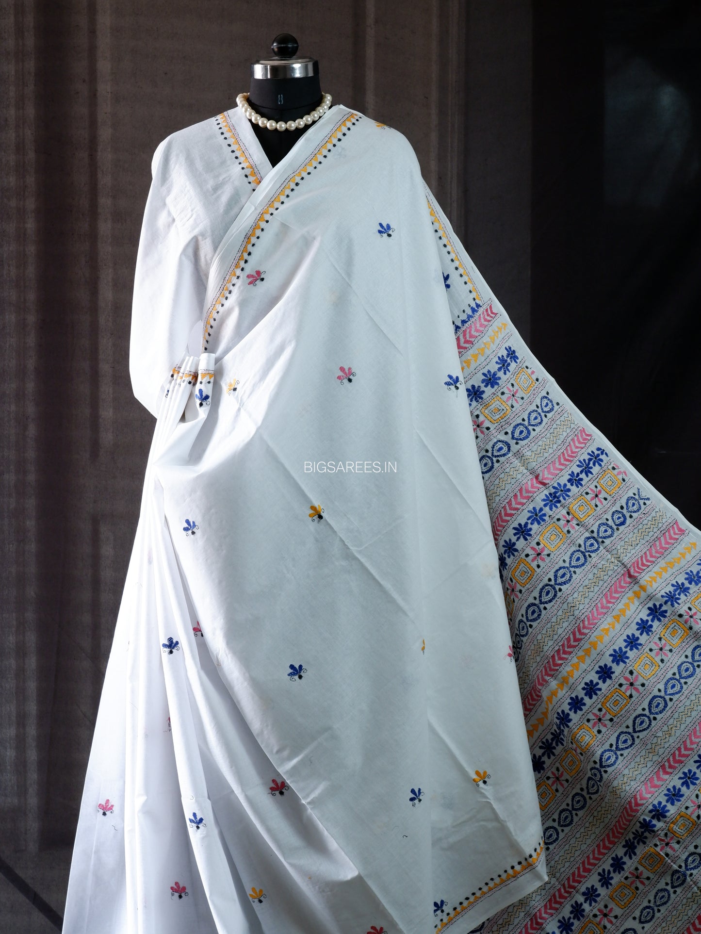 Kantha Stitch Hand Embroidered Saree | Mal Mal Cotton |  White