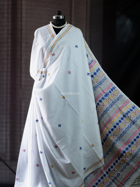 Kantha Stitch Hand Embroidered Saree | Mal Mal Cotton |  White