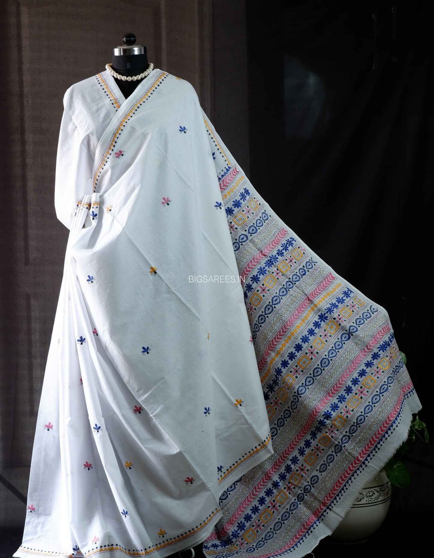 Kantha Stitch Hand Embroidered Saree | Mal Mal Cotton |  White