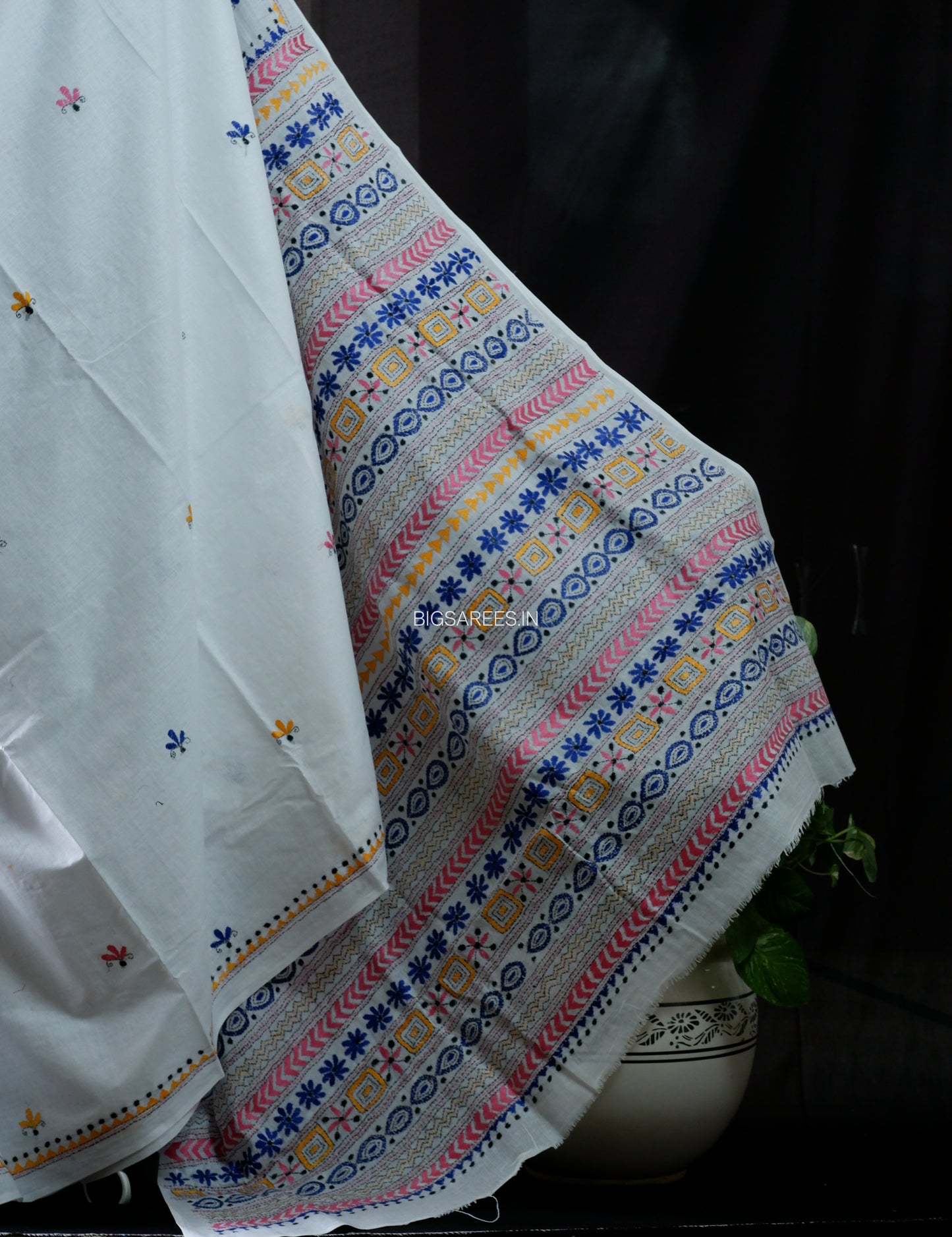 Kantha Stitch Hand Embroidered Saree | Mal Mal Cotton |  White