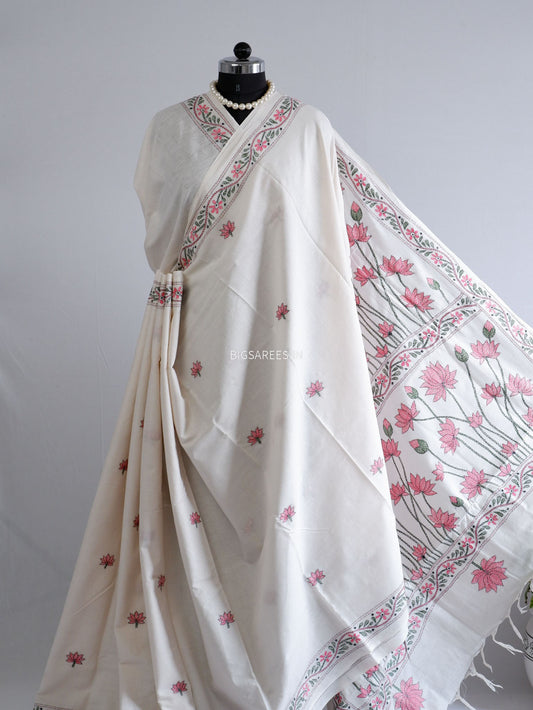 Kantha Hand-Embroidered Saree | Pure Khadi Cotton | White