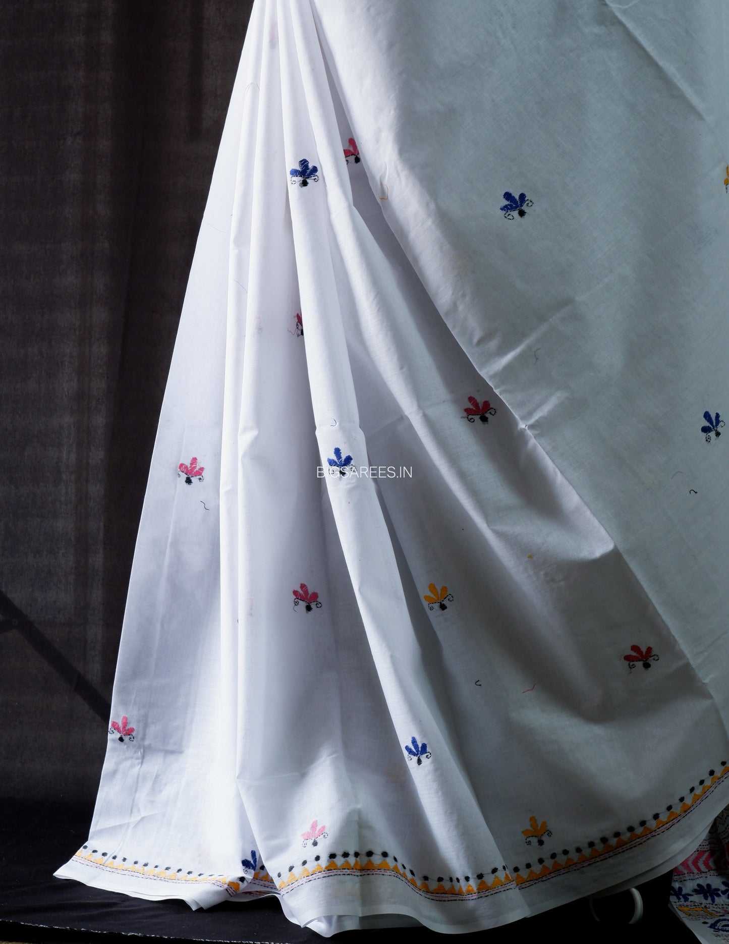 Kantha Stitch Hand Embroidered Saree | Mal Mal Cotton |  White