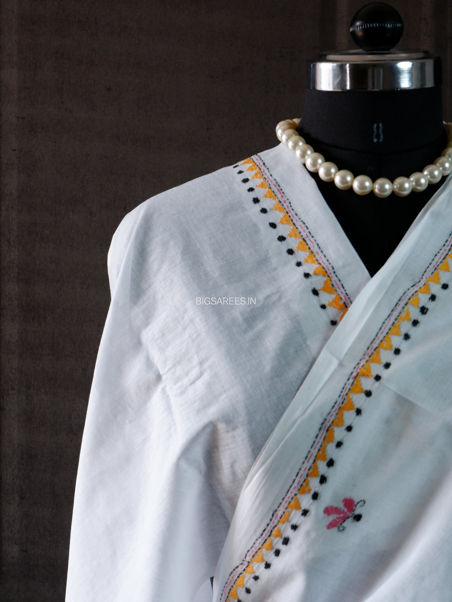 Kantha Stitch Hand Embroidered Saree | Mal Mal Cotton |  White