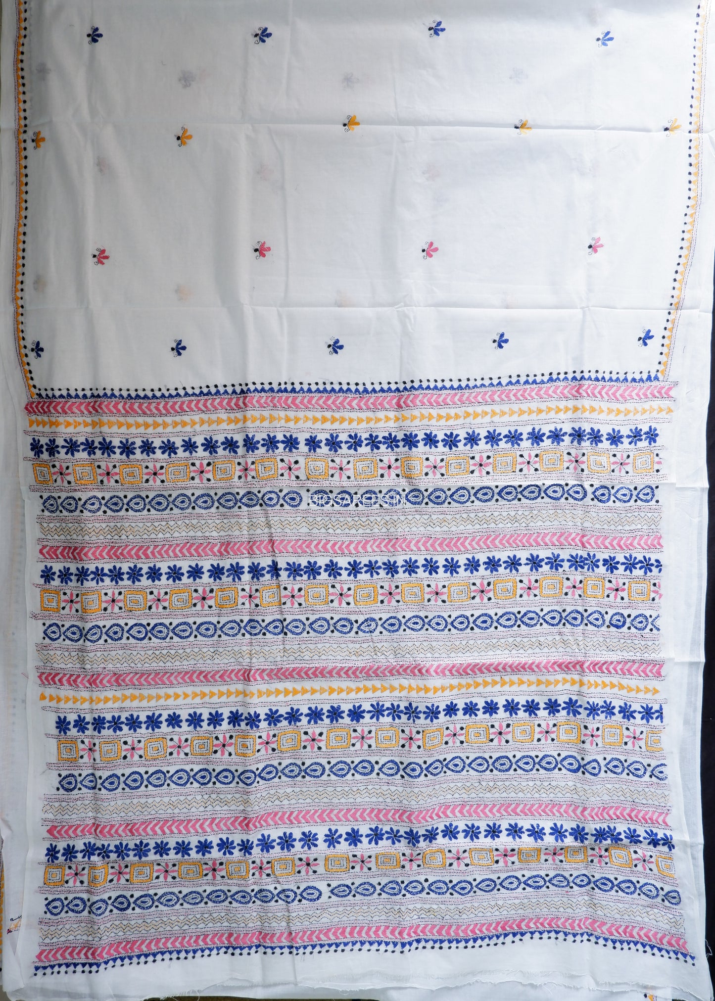 Kantha Stitch Hand Embroidered Saree | Mal Mal Cotton |  White
