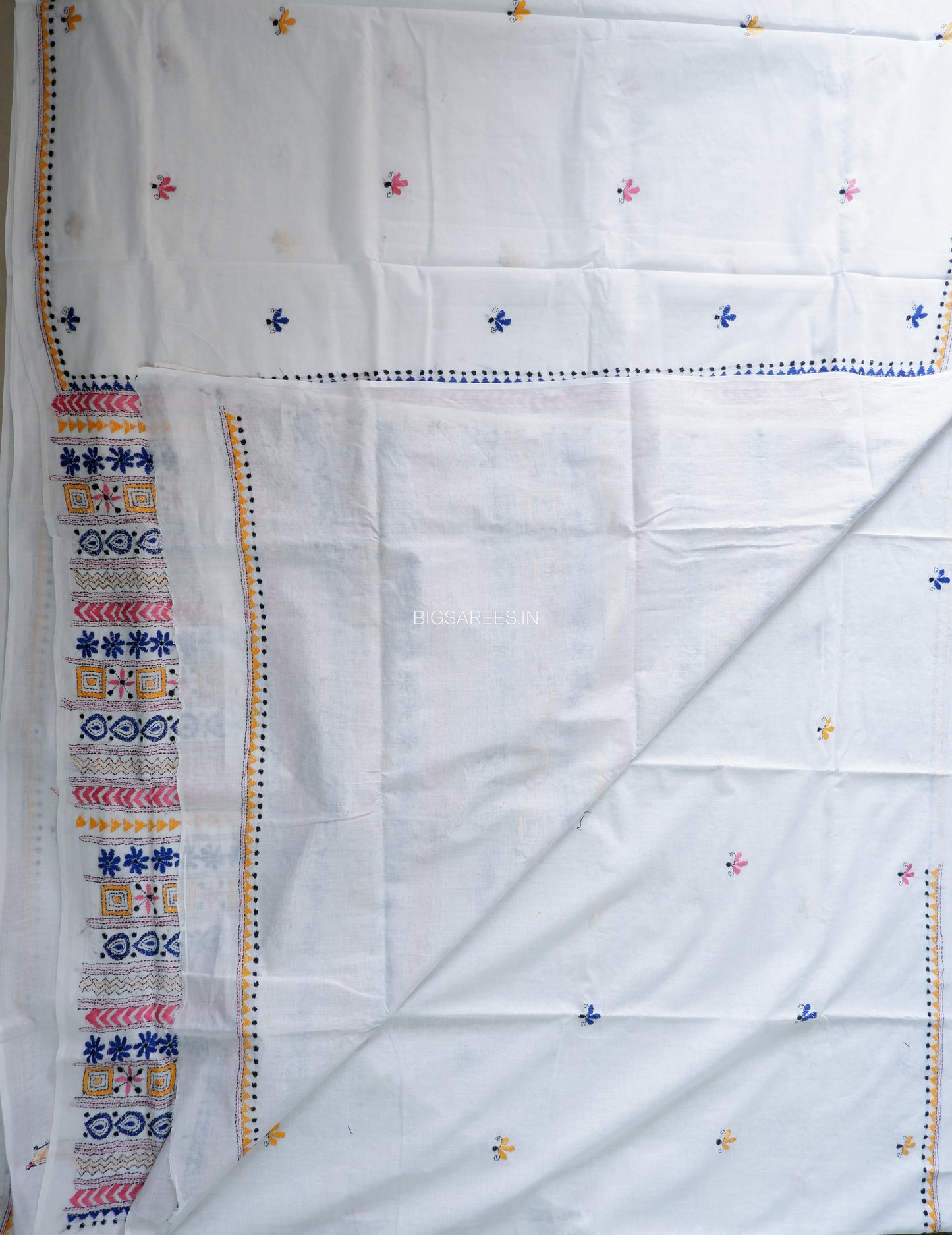 Kantha Stitch Hand Embroidered Saree | Mal Mal Cotton |  White