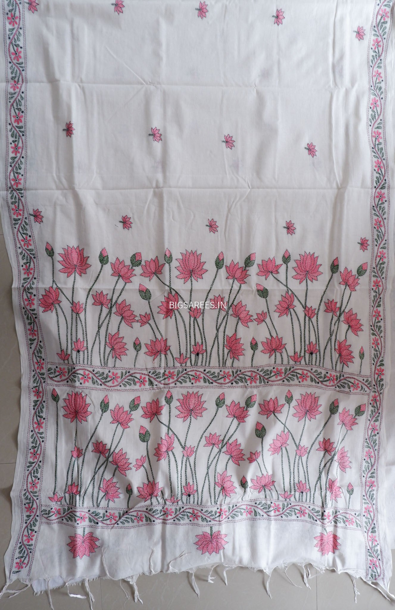 Kantha Hand-Embroidered Saree | Pure Khadi Cotton | White