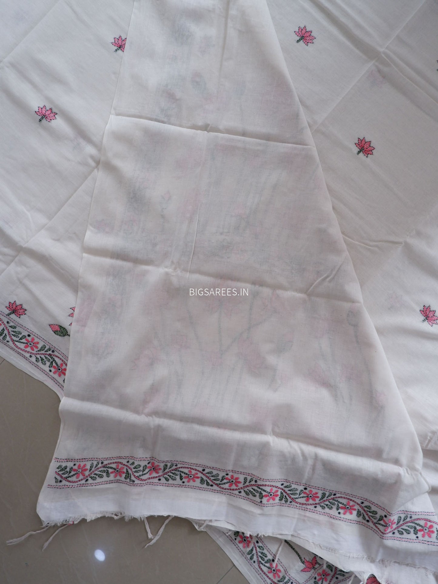 Kantha Hand-Embroidered Saree | Pure Khadi Cotton | White