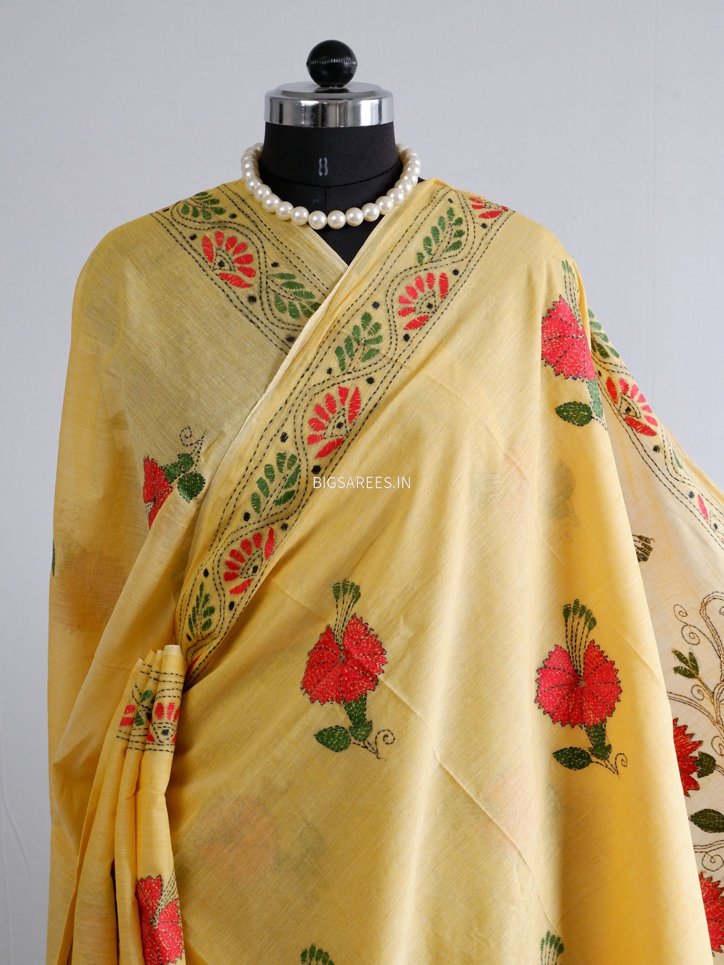 Kantha Hand-Embroidered Saree | Dhonekali Cotton | Yellow