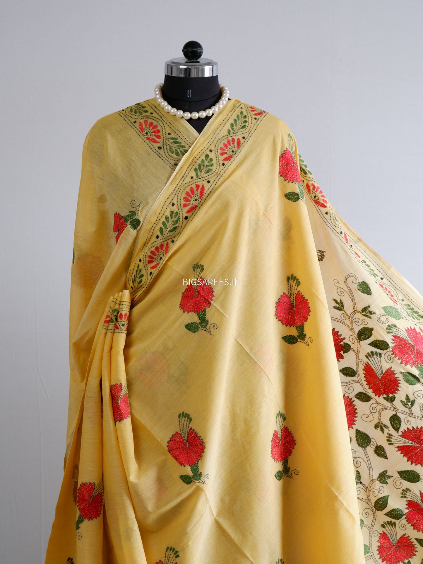 Kantha Hand-Embroidered Saree | Dhonekali Cotton | Yellow