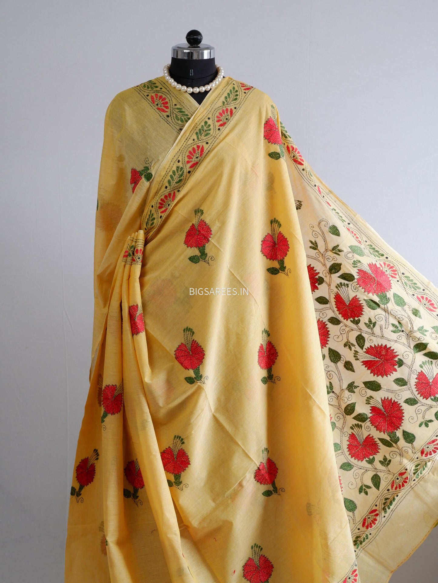 Kantha Hand-Embroidered Saree | Dhonekali Cotton | Yellow