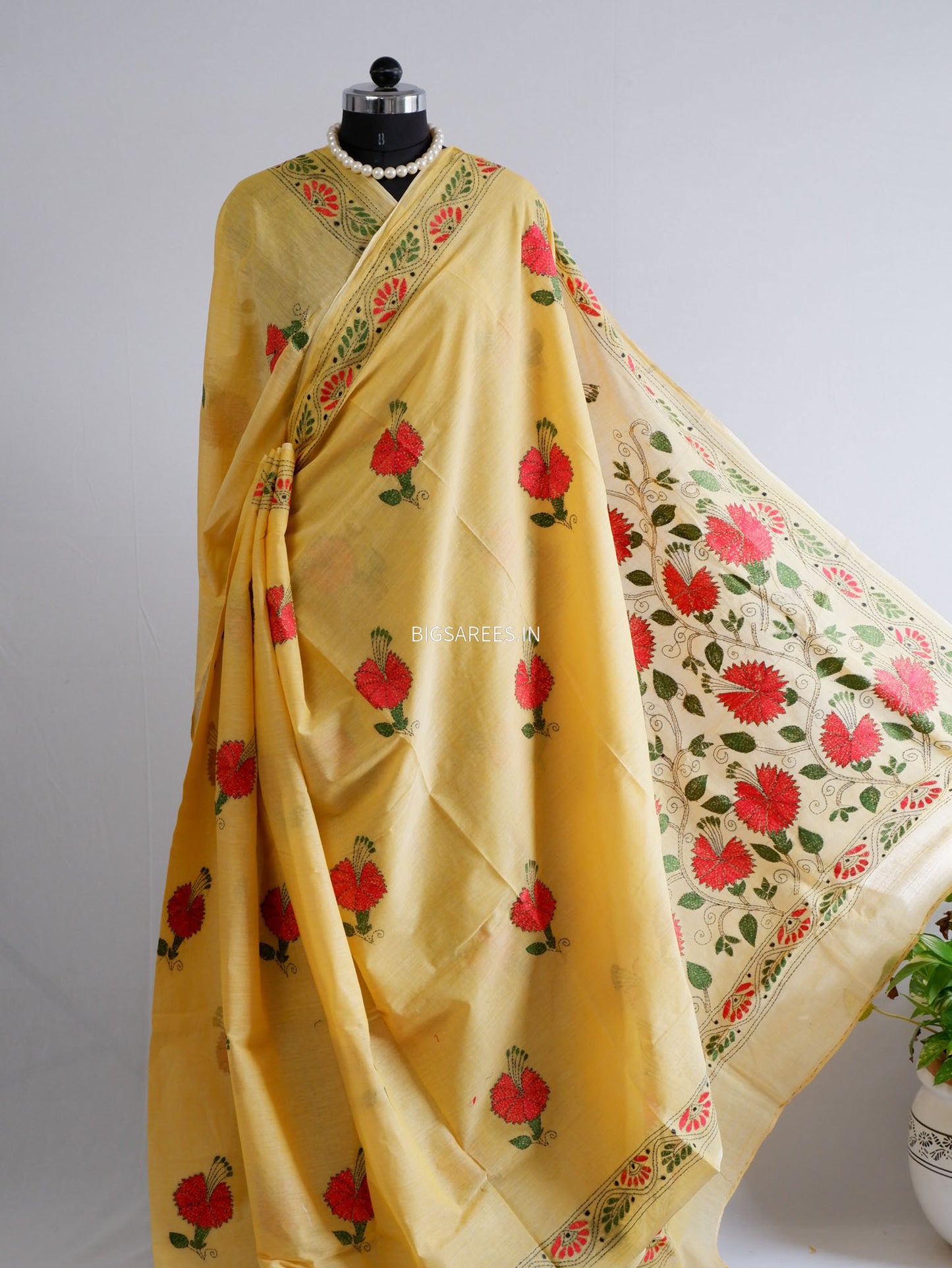 Kantha Hand-Embroidered Saree | Dhonekali Cotton | Yellow