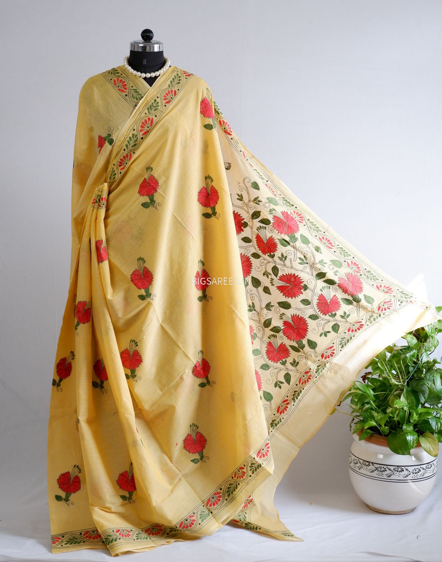 Kantha Hand-Embroidered Saree | Dhonekali Cotton | Yellow