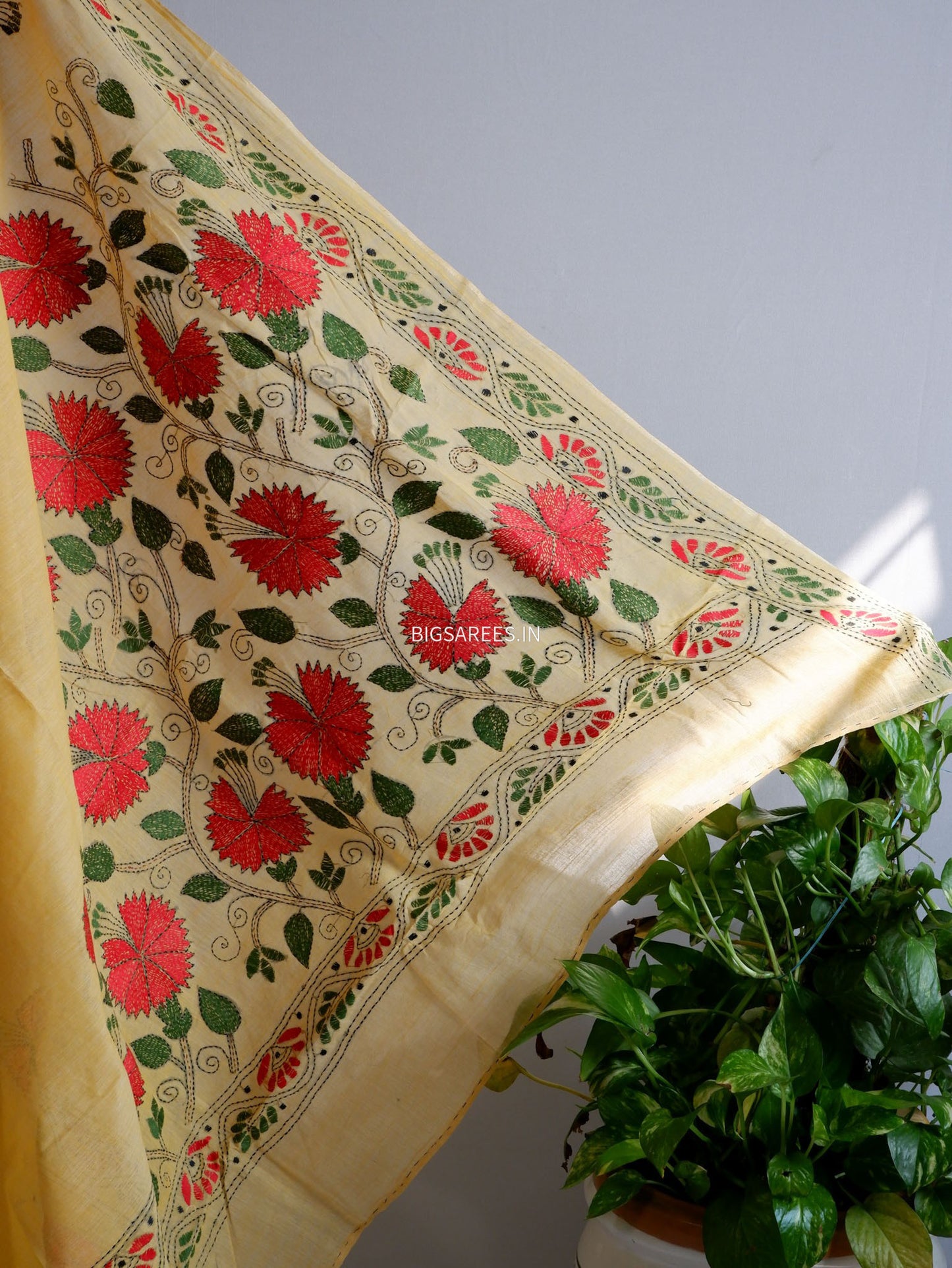 Kantha Hand-Embroidered Saree | Dhonekali Cotton | Yellow