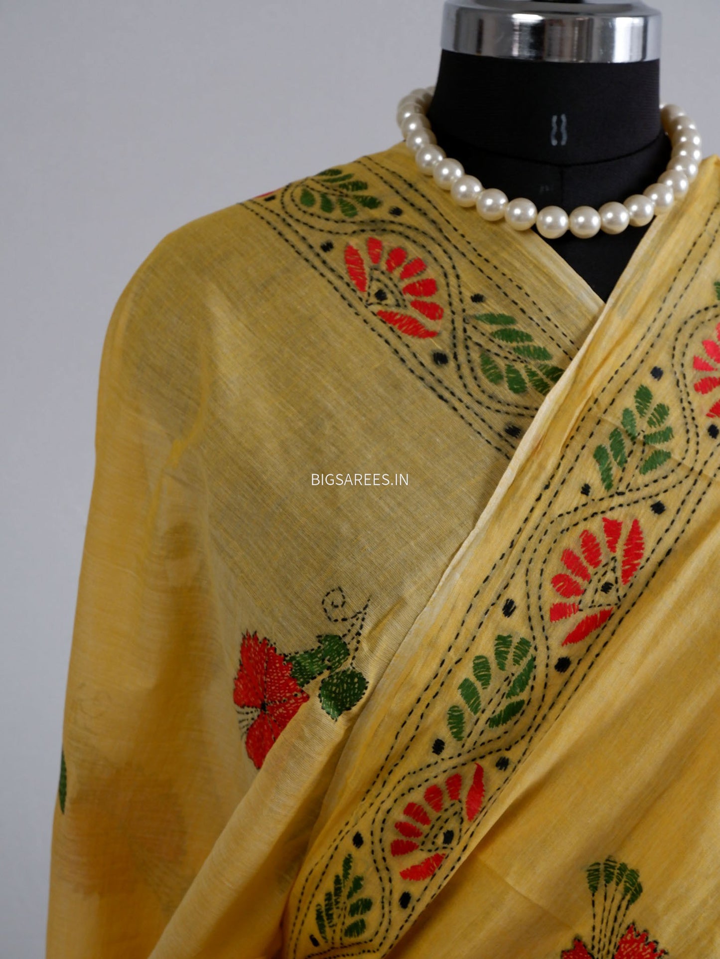 Kantha Hand-Embroidered Saree | Dhonekali Cotton | Yellow