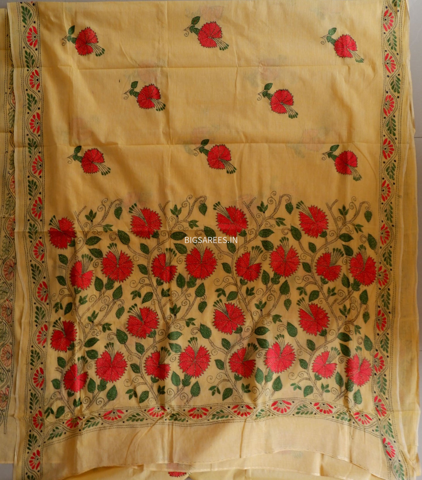 Kantha Hand-Embroidered Saree | Dhonekali Cotton | Yellow