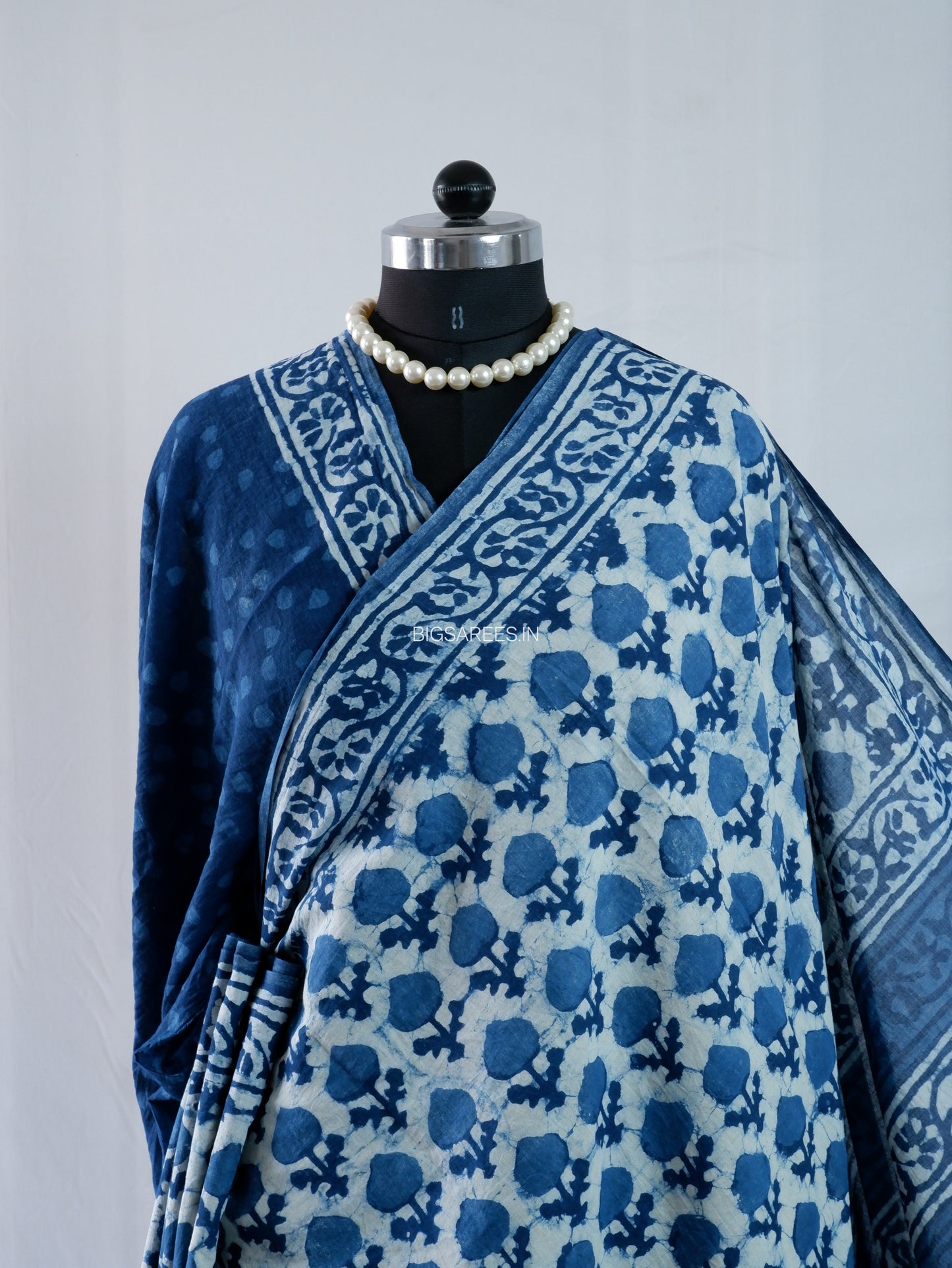 Hand Block Print Saree | Mal Mal Cotton | Indigo