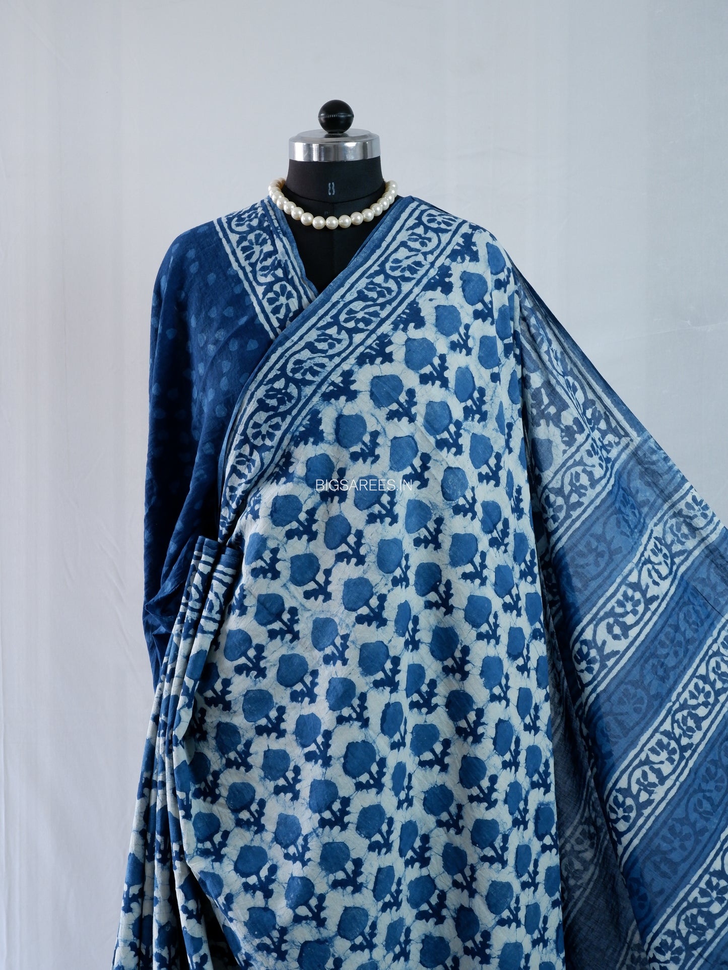 Hand Block Print Saree | Mal Mal Cotton | Indigo