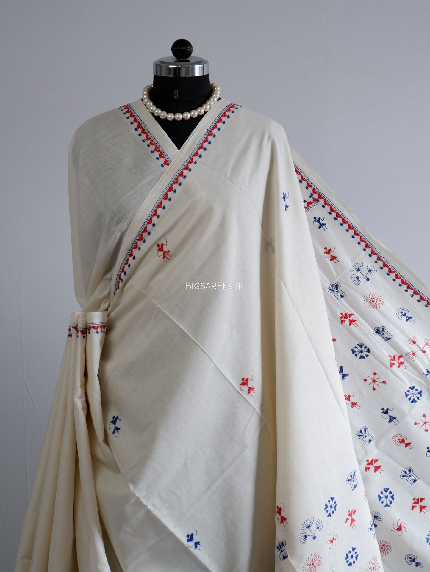 Kantha Hand-Embroidered Saree | Pure Khadi Cotton | White
