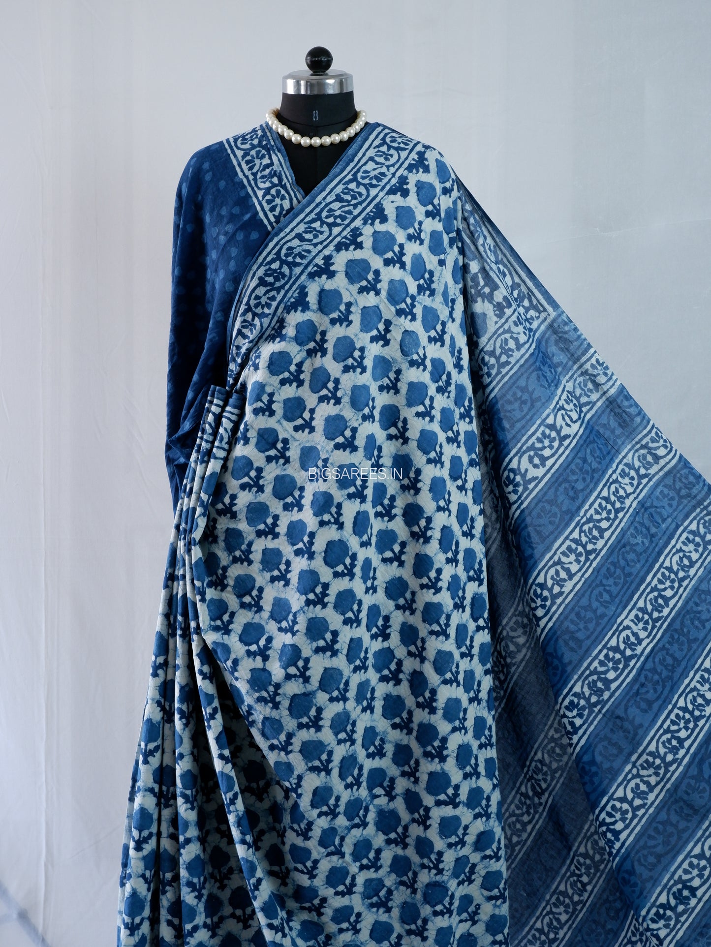 Hand Block Print Saree | Mal Mal Cotton | Indigo