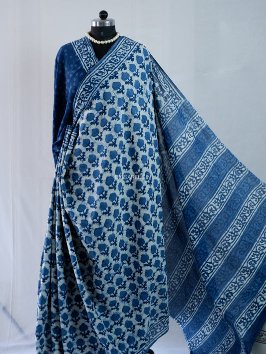 Hand Block Print Saree | Mal Mal Cotton | Indigo