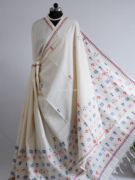 Kantha Hand-Embroidered Saree | Pure Khadi Cotton | White