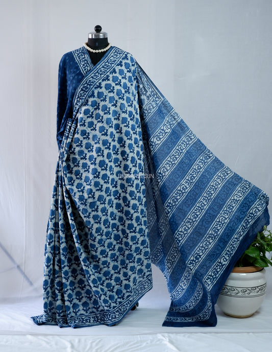 Hand Block Print Saree | Mal Mal Cotton | Indigo