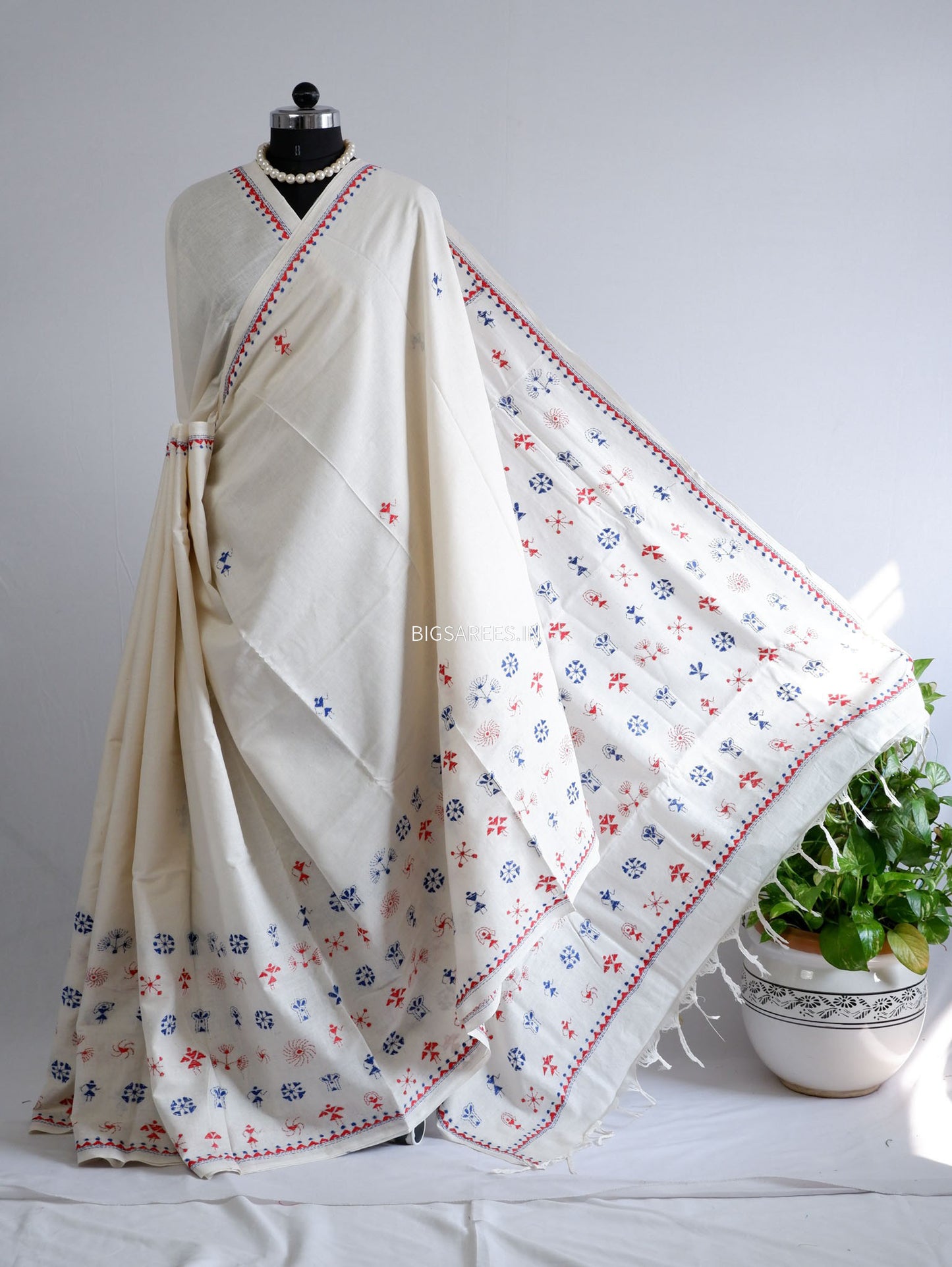 Kantha Hand-Embroidered Saree | Pure Khadi Cotton | White