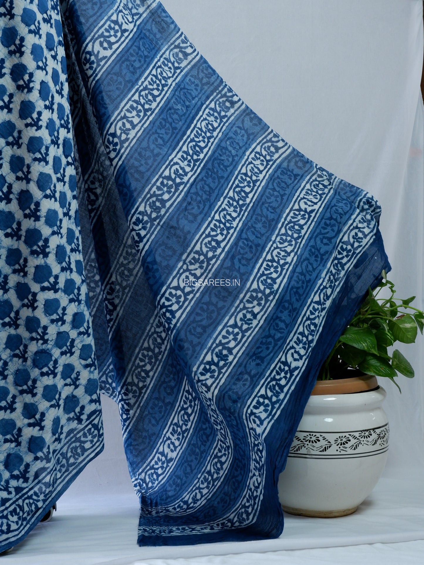 Hand Block Print Saree | Mal Mal Cotton | Indigo
