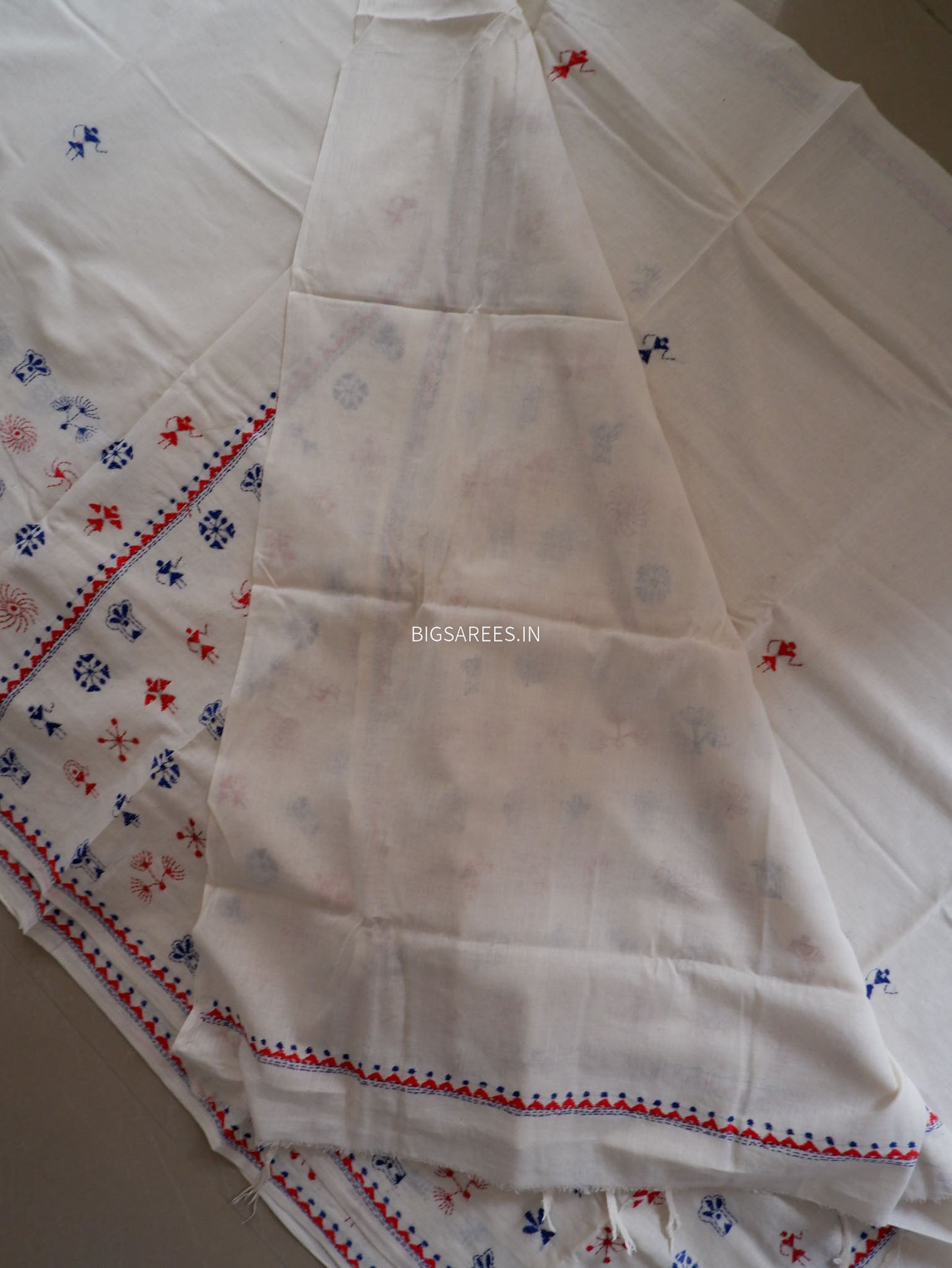 Kantha Hand-Embroidered Saree | Pure Khadi Cotton | White