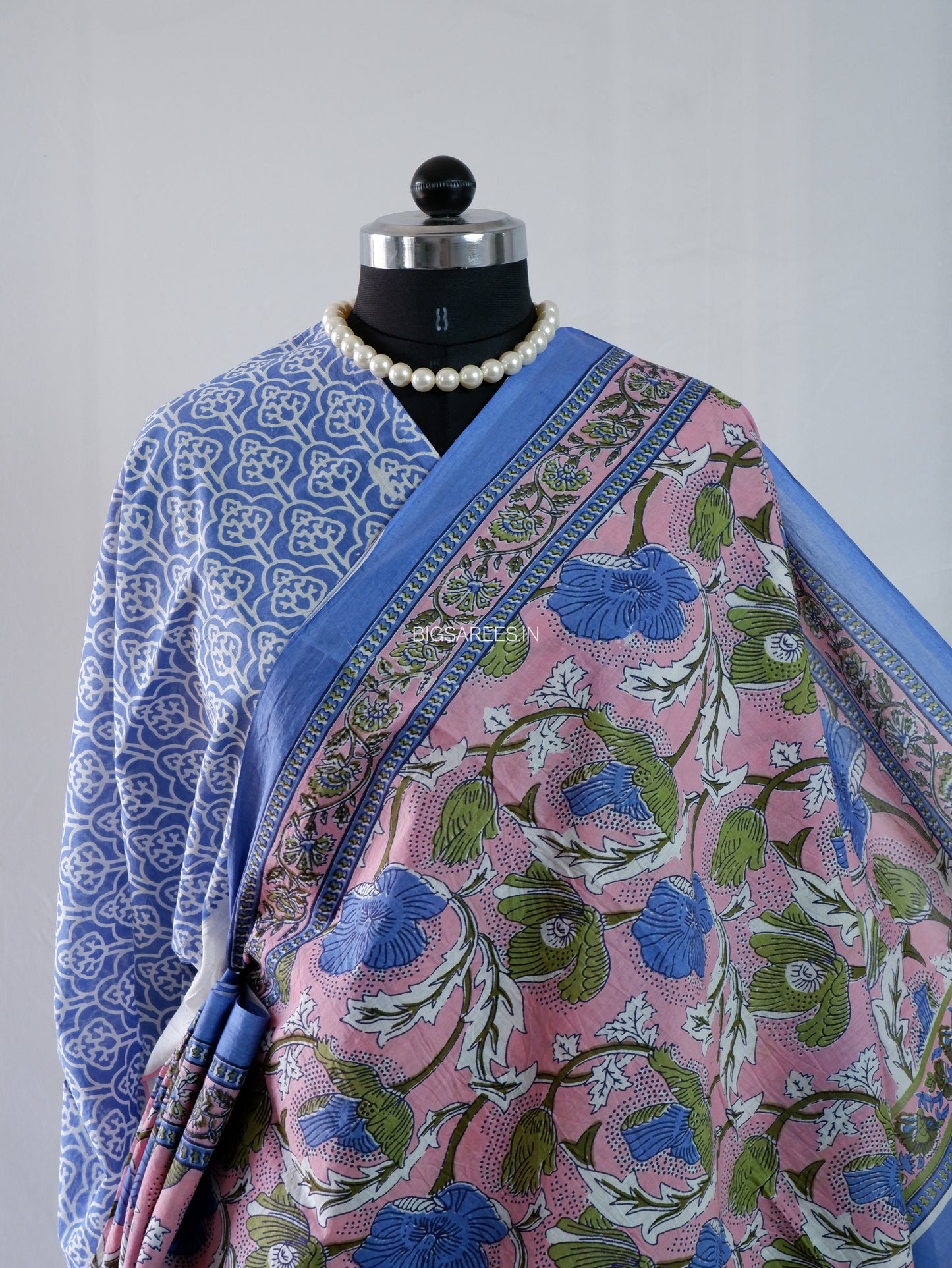 Hand Block Print Saree | Mal Mal Cotton | Baby Pink