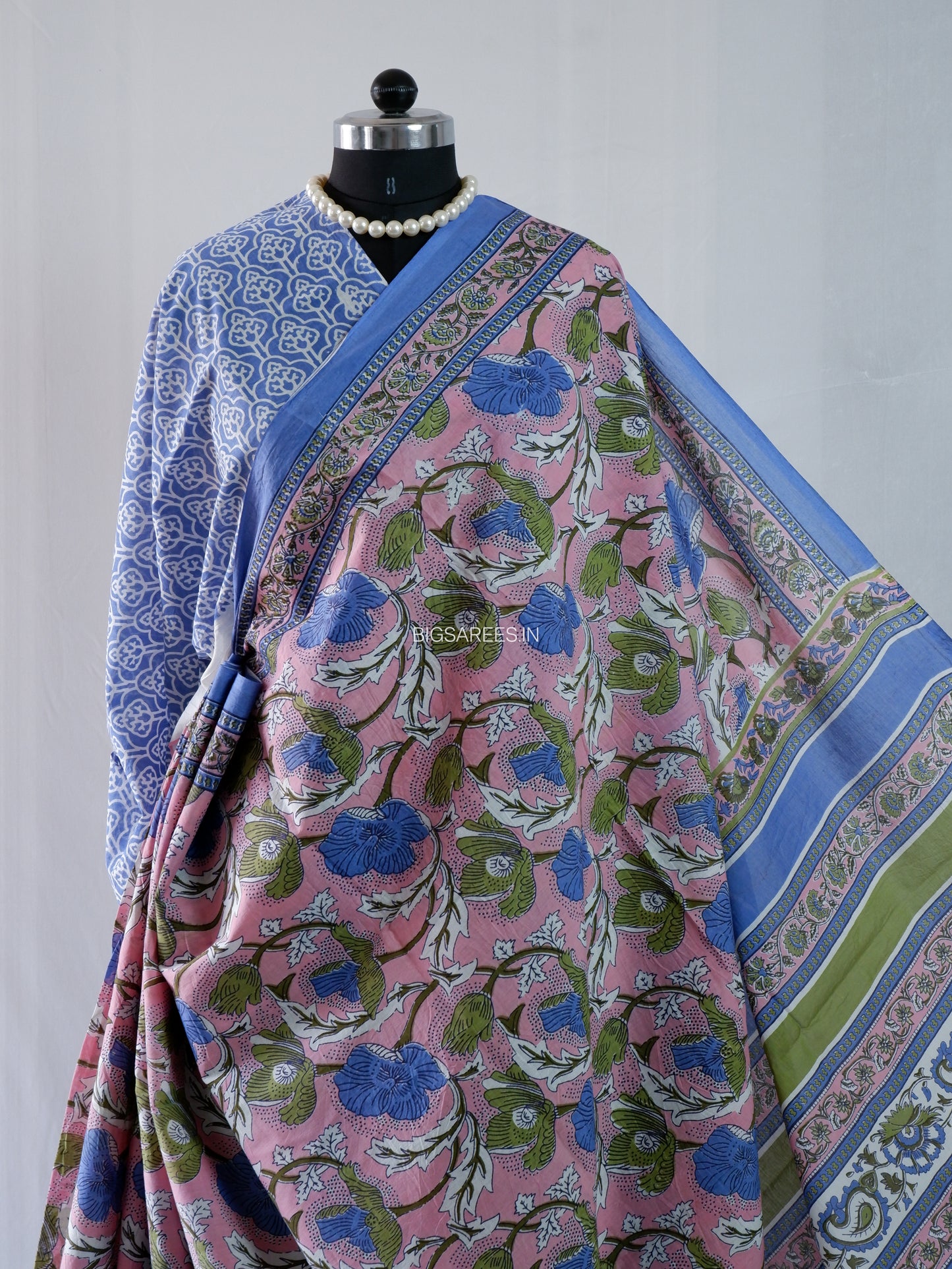 Hand Block Print Saree | Mal Mal Cotton | Baby Pink