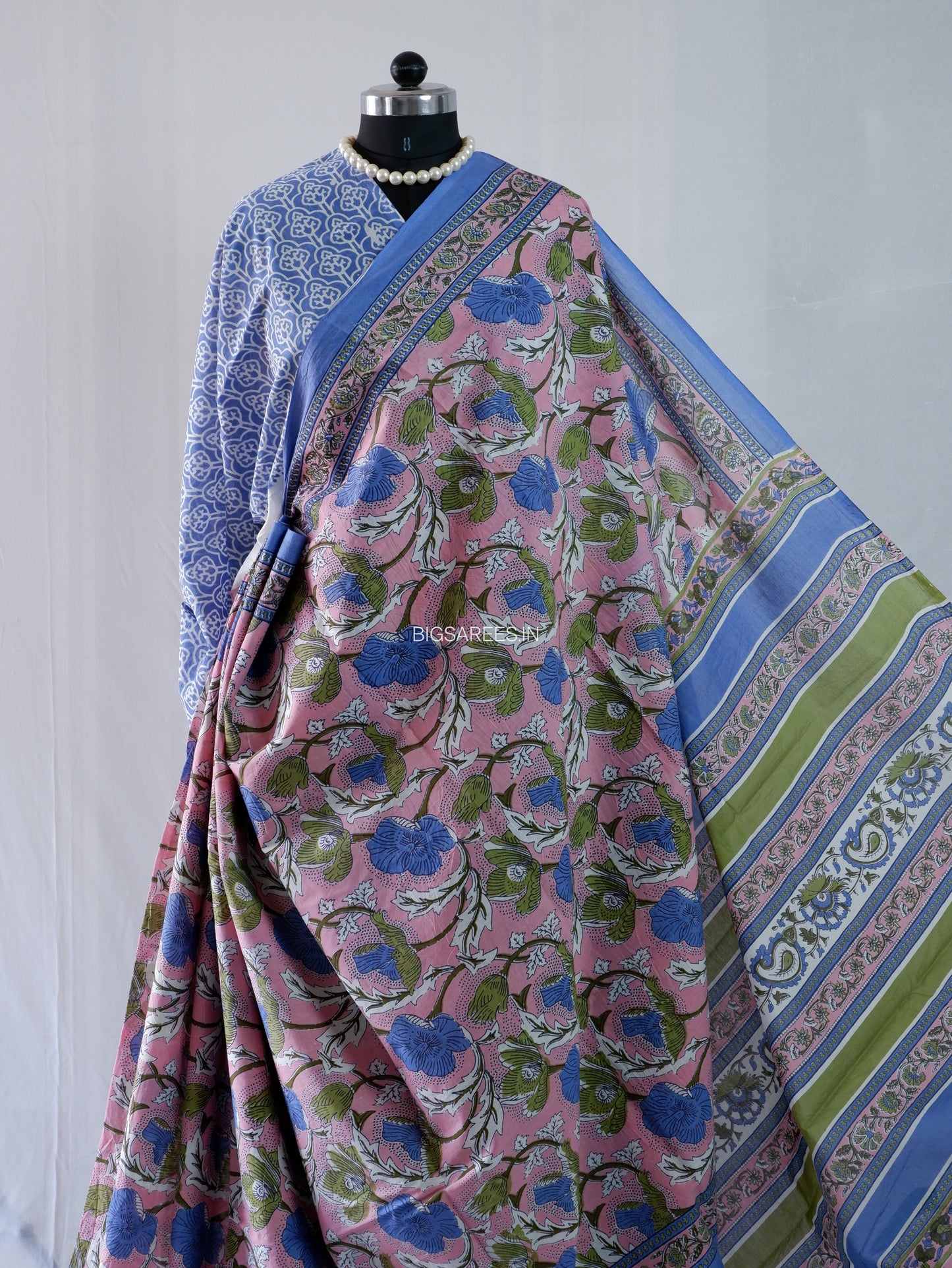 Hand Block Print Saree | Mal Mal Cotton | Baby Pink