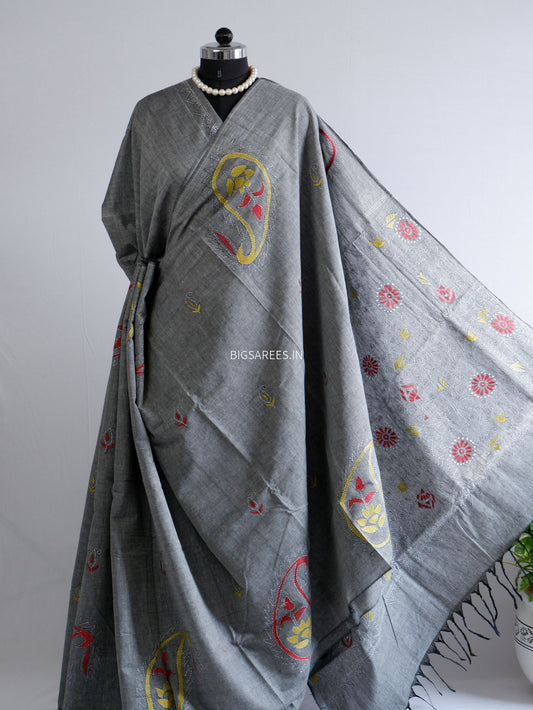 Kantha Hand-Embroidered Saree | Dhonekali Cotton | Grey