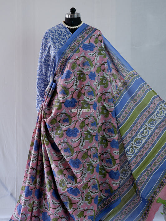 Hand Block Print Saree | Mal Mal Cotton | Baby Pink