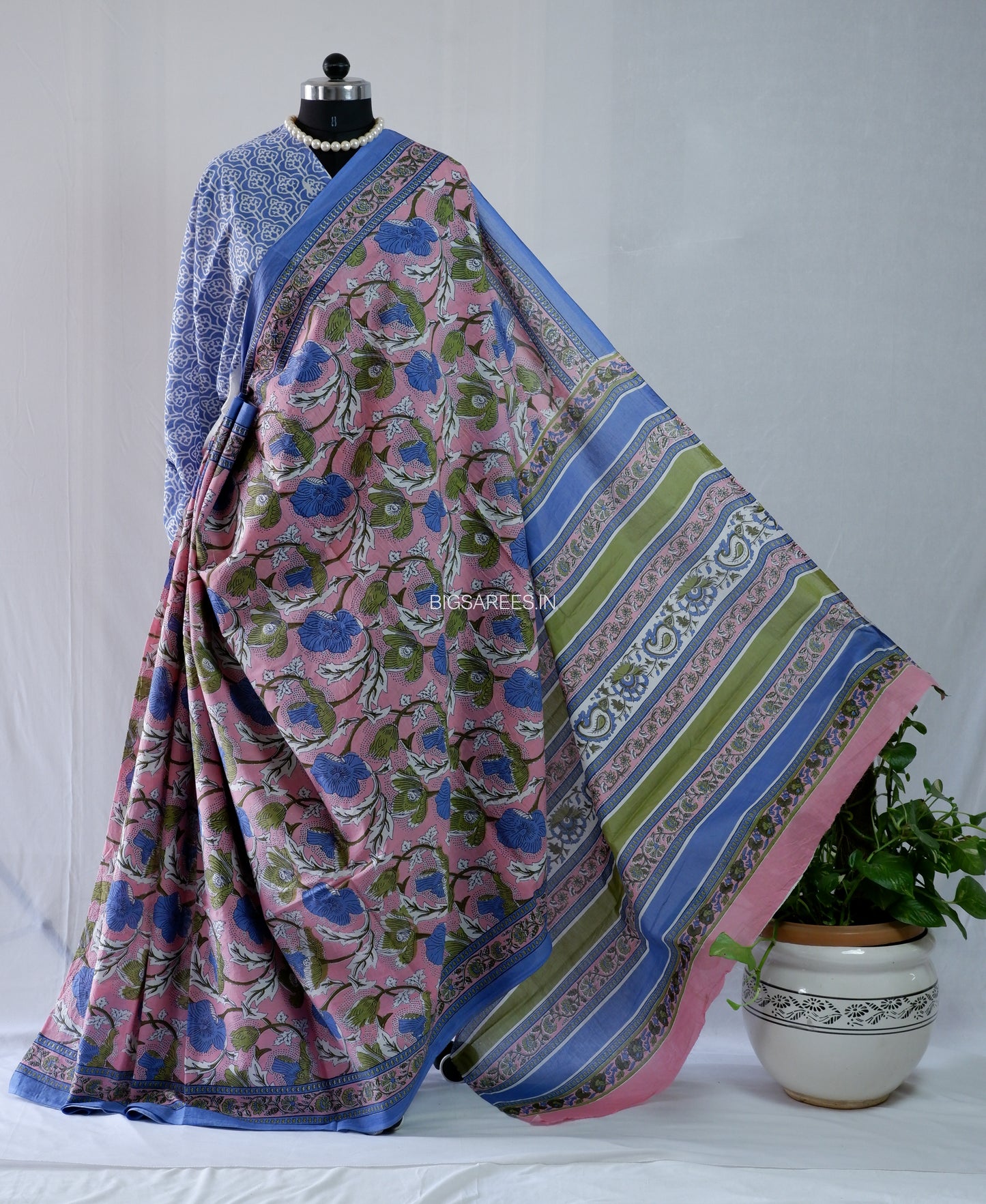 Hand Block Print Saree | Mal Mal Cotton | Baby Pink