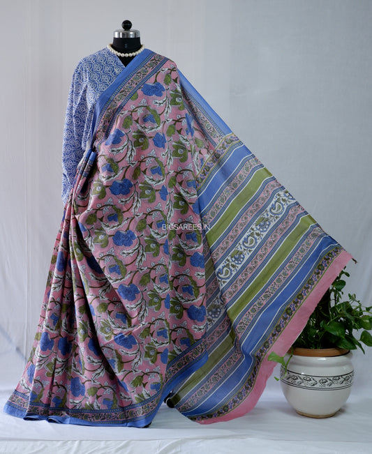 Hand Block Print Saree | Mal Mal Cotton | Baby Pink