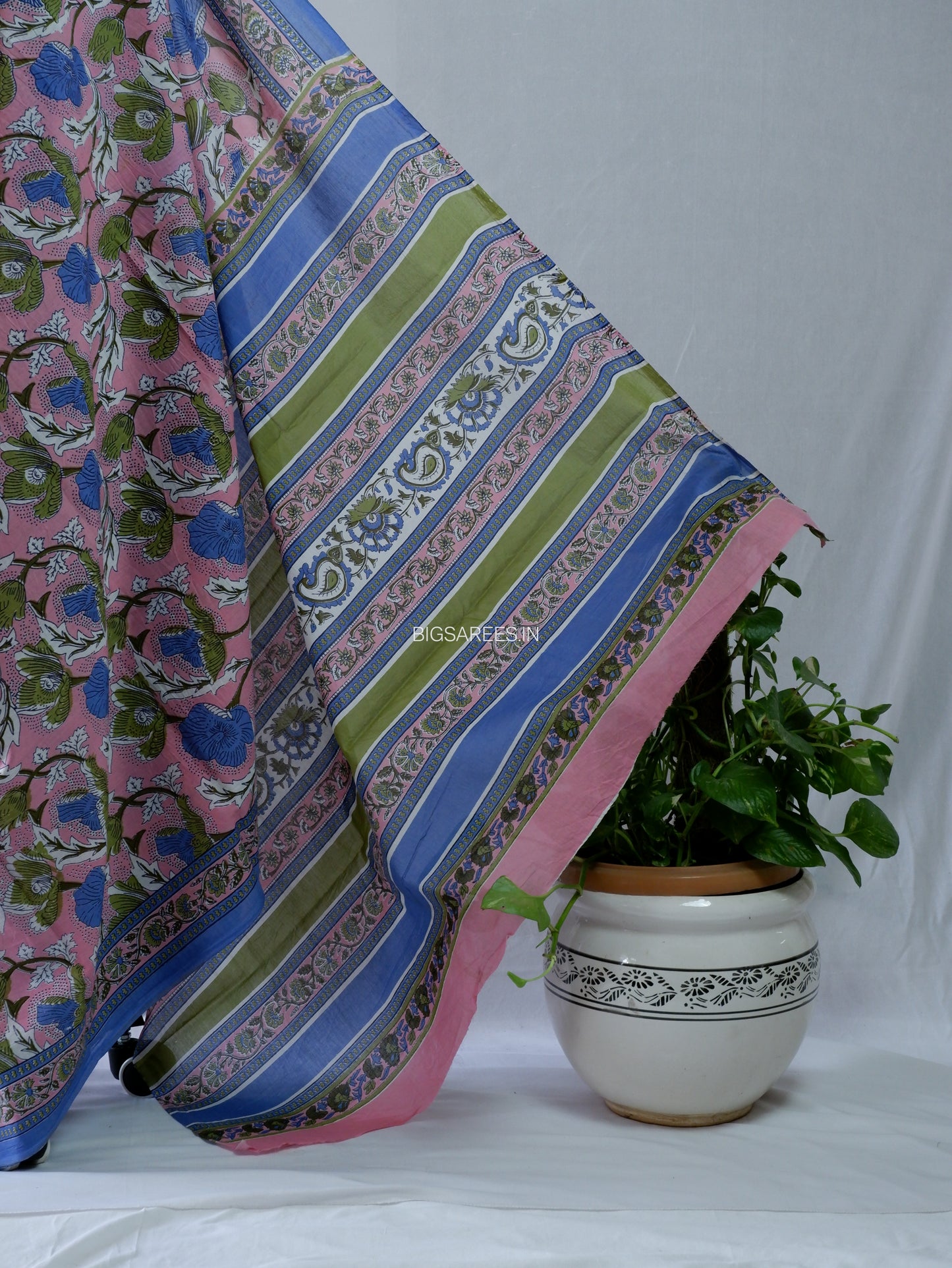 Hand Block Print Saree | Mal Mal Cotton | Baby Pink