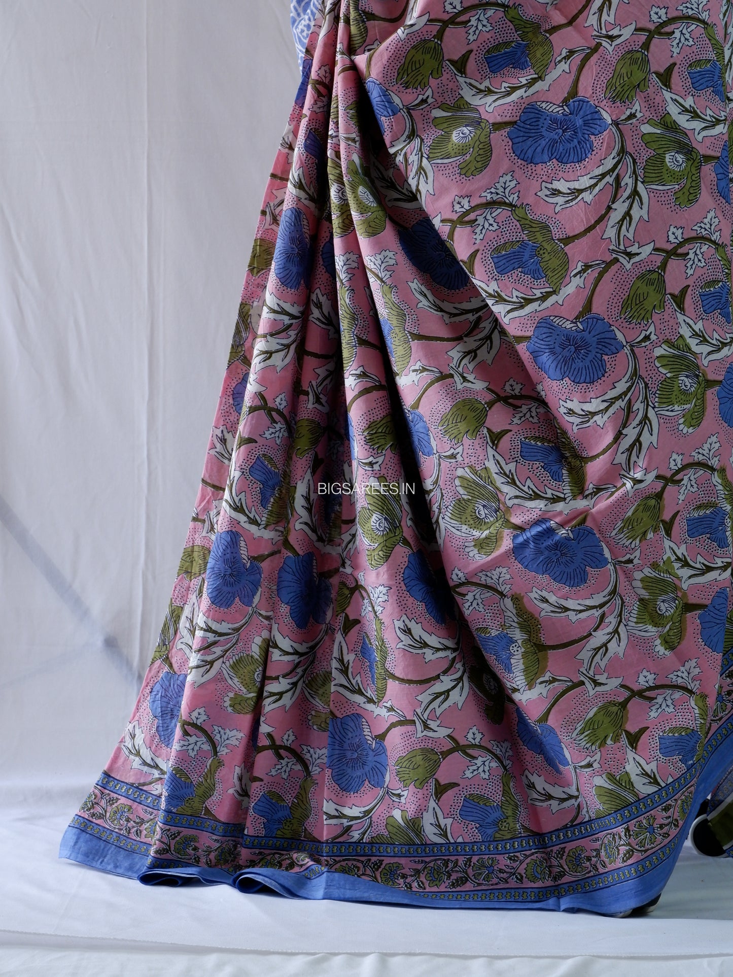 Hand Block Print Saree | Mal Mal Cotton | Baby Pink