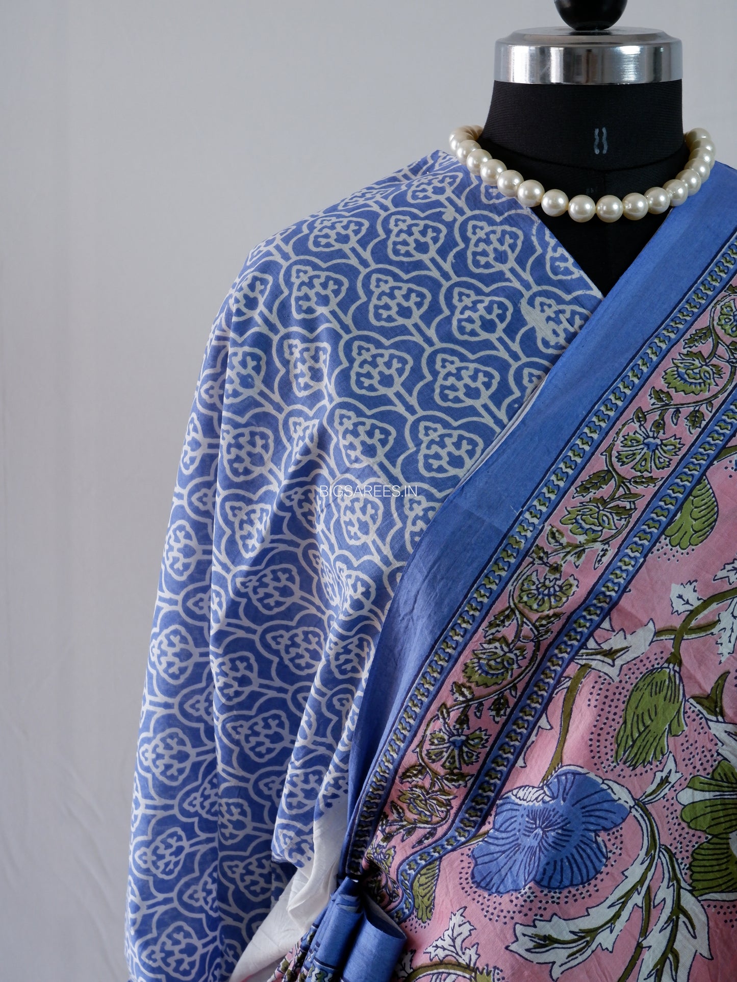 Hand Block Print Saree | Mal Mal Cotton | Baby Pink