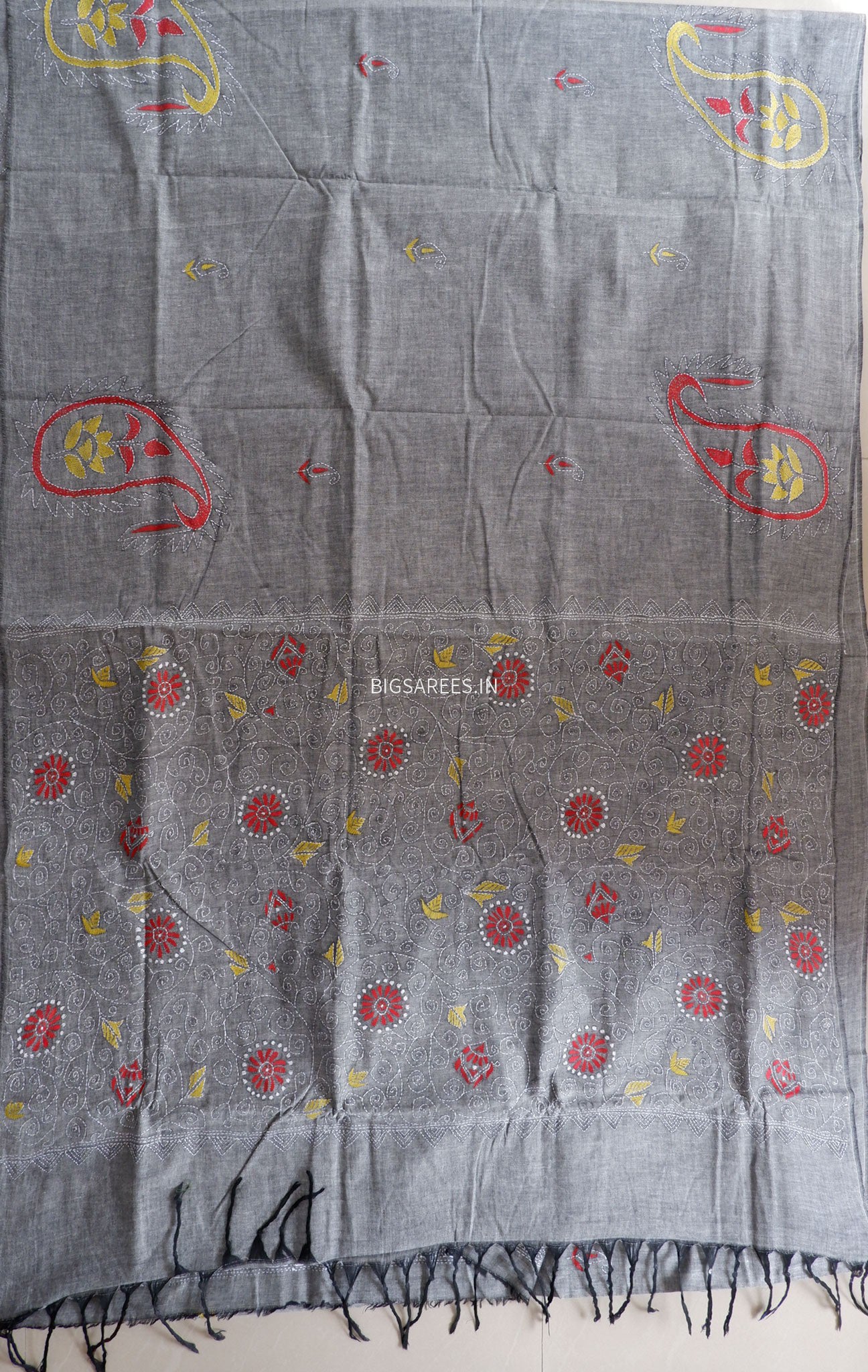 Kantha Hand-Embroidered Saree | Dhonekali Cotton | Grey