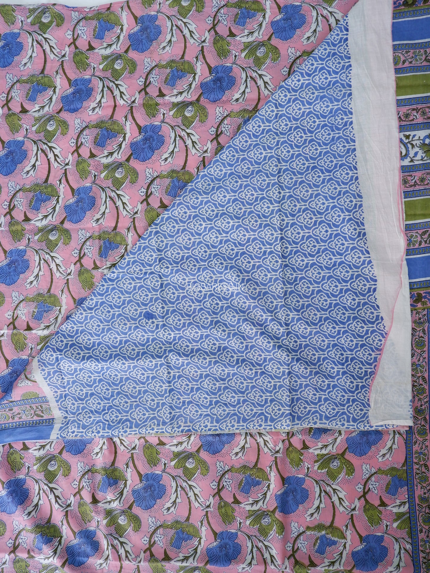 Hand Block Print Saree | Mal Mal Cotton | Baby Pink