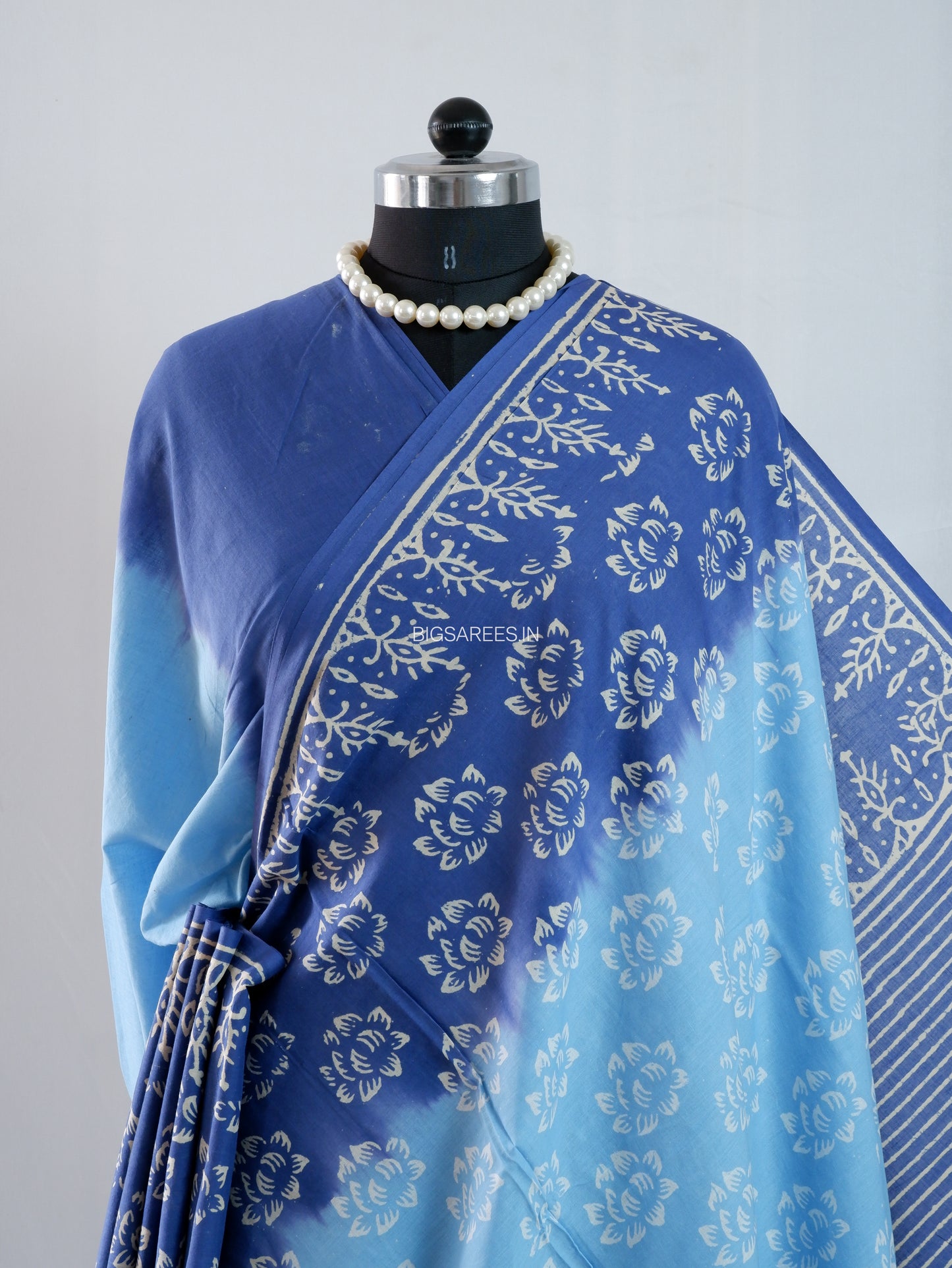 Hand Block Print Saree | Mal Mal Cotton | Indigo Blue- Sky Blue