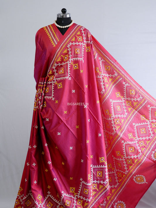 Kutchi/Gujarati Stitch Hand Embroidered Saree | Art Silk | Pink