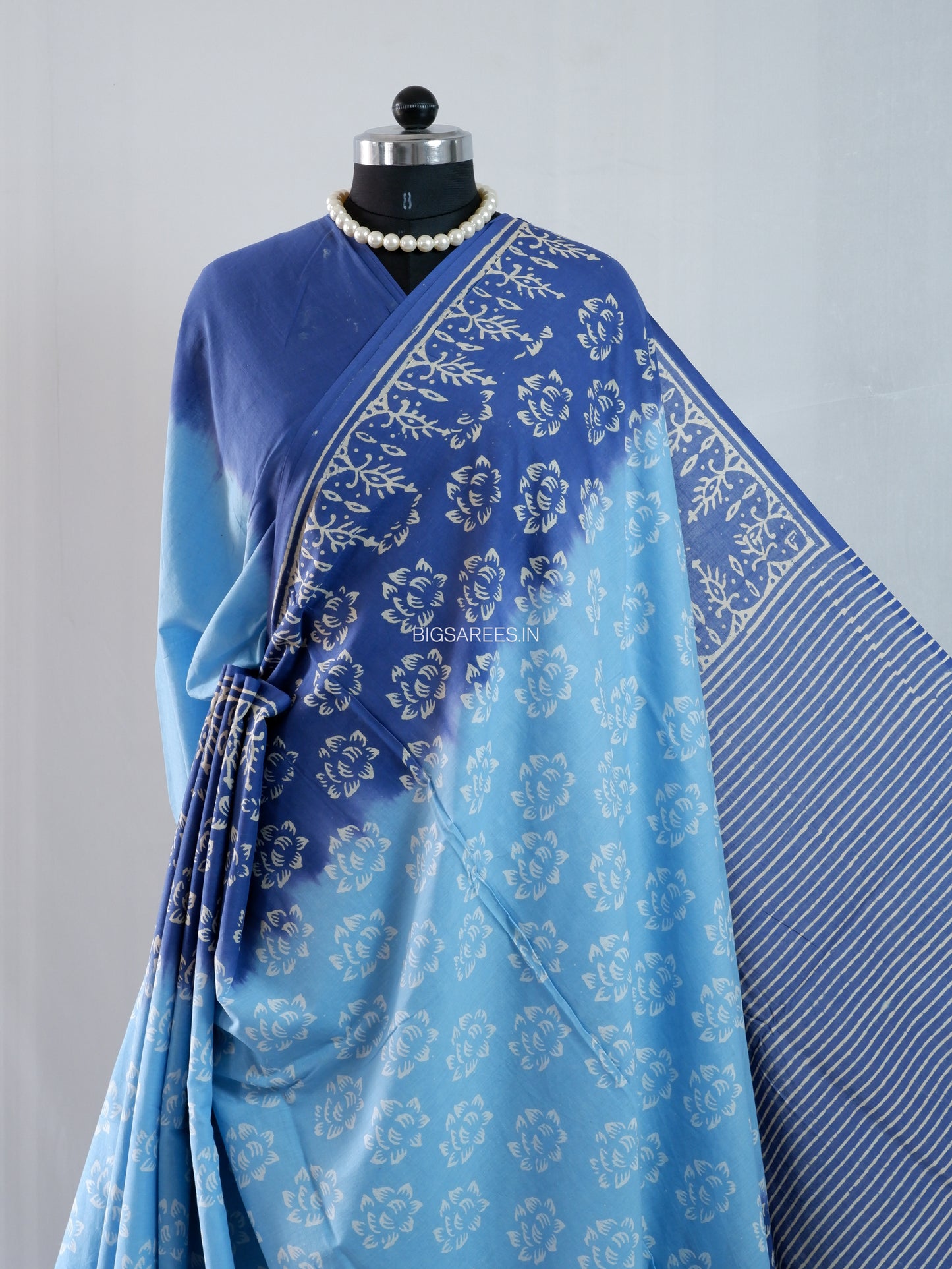 Hand Block Print Saree | Mal Mal Cotton | Indigo Blue- Sky Blue
