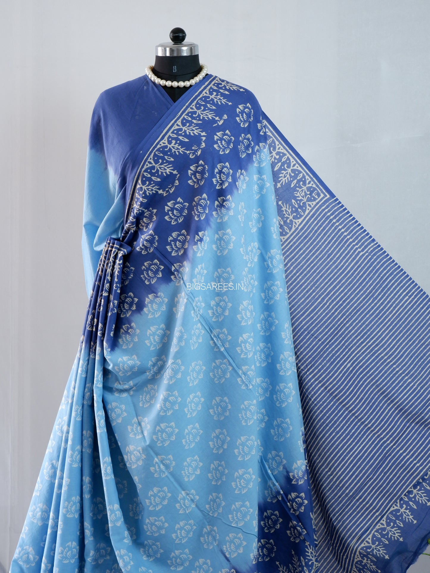 Hand Block Print Saree | Mal Mal Cotton | Indigo Blue- Sky Blue