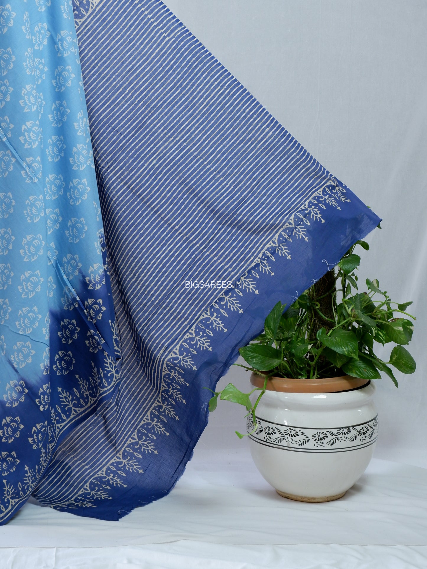 Hand Block Print Saree | Mal Mal Cotton | Indigo Blue- Sky Blue
